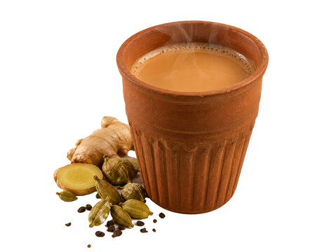 Hot masala chai served in a traditional clay kulhad with cardamom and ginger, warm Indian beverage with realistic steam, isolated on transparent background.
