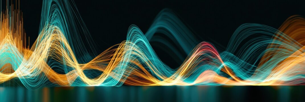 Visual displays of communication patterns and response times appear as elegant glowing charts with teal and amber colors on dark background