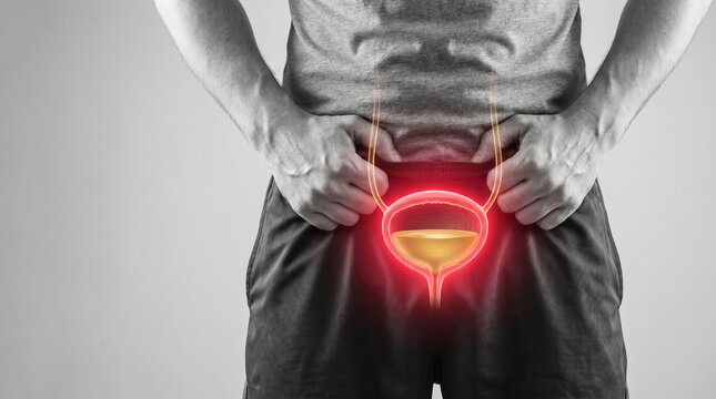 A man with pelvic pain touching abdomen near glowing 3D urinary bladder diagram showing internal inflammation for medical diagnosis