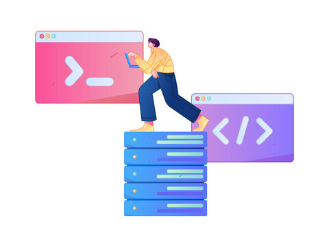Programming teaching development flat character vector concept operation hand drawn illustration
