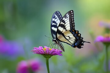 Naklejka premium A yellow and black striped butterfly perched on a vivid pink zinnia flower