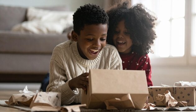 Joyful Black siblings opening presents on floor