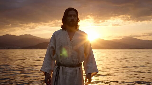 Biblical Jesus Christ Figure Walking on Water during Golden Sunset Spiritual Moment