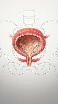 An anatomical cross section of human urinary bladder with internal muscle layers and vascular structures for urology health research