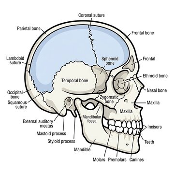 Detailed anatomical diagram of human skull bones.