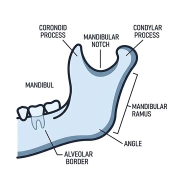 Detailed anatomical diagram of human mandible bone.