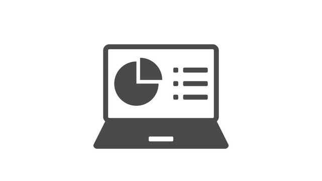 Laptop computer icon featuring a data visualization pie chart and list graphic for business analytics and digital reporting interface design