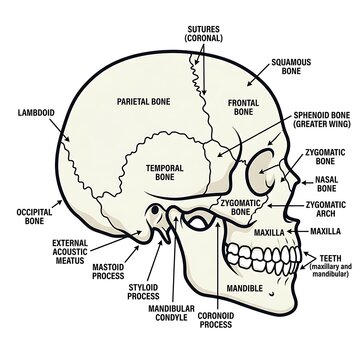 Detailed anatomical diagram of human skull bones.