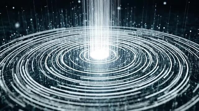 Abstract digital data visualization with glowing concentric circles and light beam