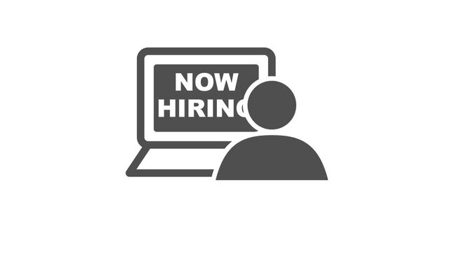 Gray vector icon of a person looking at a laptop displaying a now hiring message representing digital job search and recruitment business process