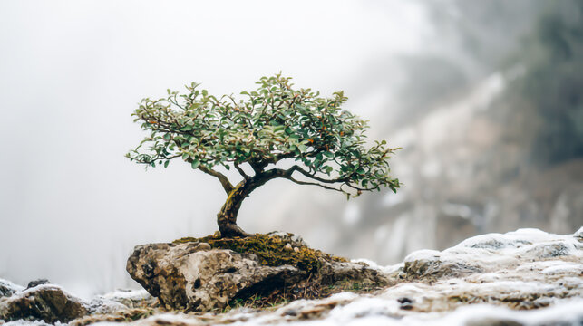 A small bonsai tree growing on a rock in a snowy landscape with a blurred background ai generated image