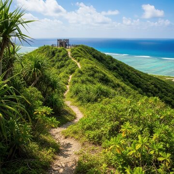 Scenic Coastal Hilltop Path Leading to Observation Deck Overlooking Ocean.