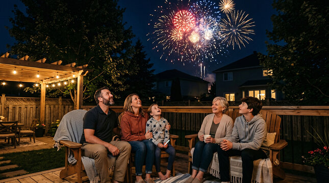 A multigenerational family watches fireworks from their backyard deck at night