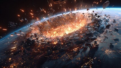Fototapeta premium A colossal fiery impact crater on a planet's surface, scattering debris and light