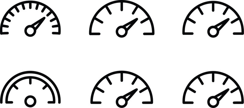 Speedometer line icon set including dashboard gauge tachometer acceleration indicator progress meter risk measurement level performance optimization dial vector elements.