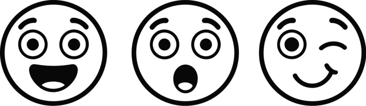 Emoji outline icon set including happy laughing smiley face surprised shocked open mouth expression and cute funny playful winking emoticon.
