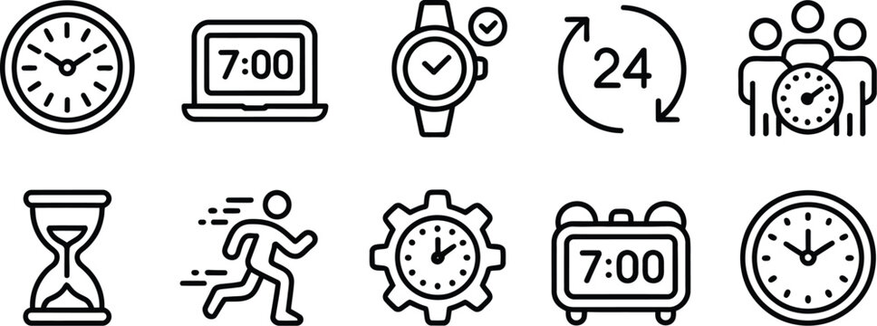 Time management line icon set including wall clock digital alarm wristwatch hourglass running person twenty four hours and gear process.