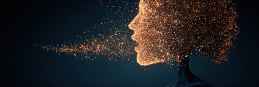 A single word form leaves a mouth and grows into a bright tree across a dark background. It shows how language can create life.