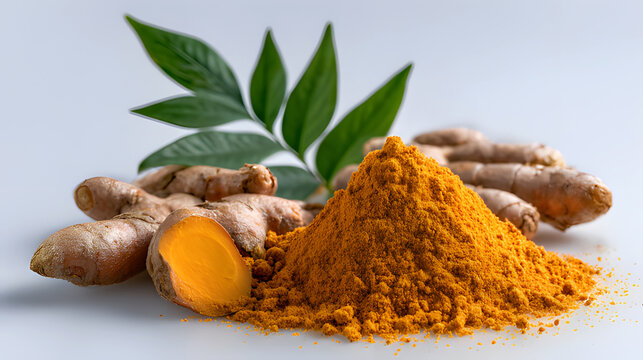 Turmeric powder and root with green leaves on a light blue background ai generated image