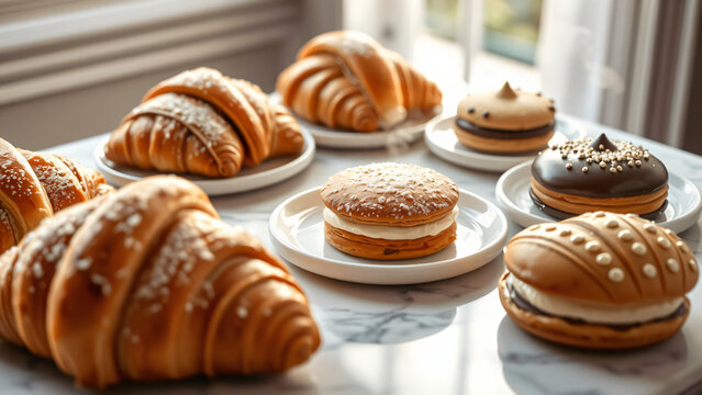 Assortment of fresh baked French pastries and cream filled buns on white marble table by window.