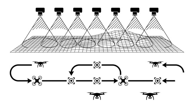 Drone photogrammetry aerial mapping flight path diagram vector, Technical infographic diagram explaining the workflow of aerial photogrammetry mapping, displaying camera footprint overlaps scanning 