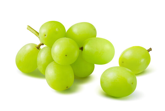 Cute bunch of green grapes isolated on white background. No leaves. Real photography