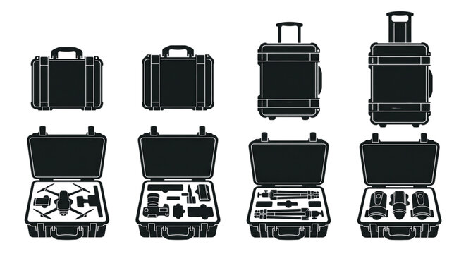 Protective hard case flight suitcase silhouettes set vector,  Heavy-duty protective travel equipment case, Custom tailored for drones, camera bodies, optical lenses, and tripods, Closed views and open