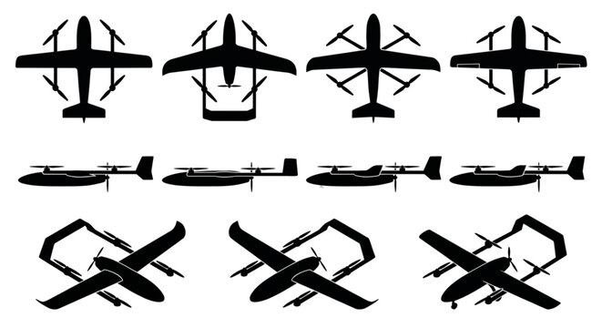 Fixed-wing VTOL drone silhouettes vector icons set, Modern hybrid fixed-wing VTOL (Vertical Take-Off and Landing) unmanned aerial vehicles (UAVs) shown from top, side, and isometric perspective angles