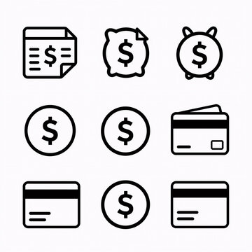 Noir Currency Safety. Modern Thin Line Style Illustration Featuring Money And Payment Icons, Symbolizing Bank Cards And Currency Exchange In A Sleek Design With Savings Operations On White