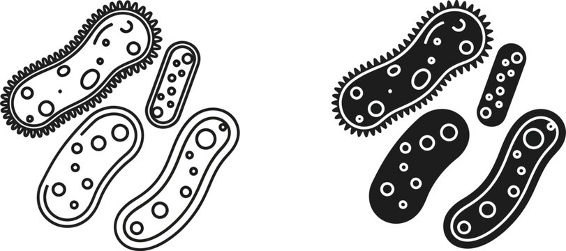 Microscopic bacterial forms in black and white outline and fill styles during simple scientific illustration