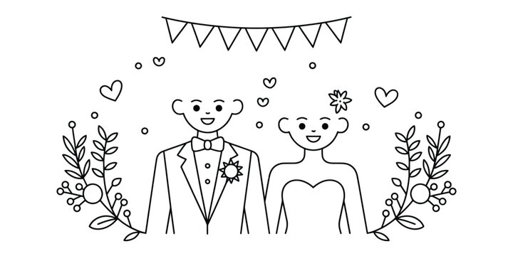 Happy bride and groom couple getting married with floral decorations and festive bunting banners in a simple hand drawn line art style Vector, illustration
