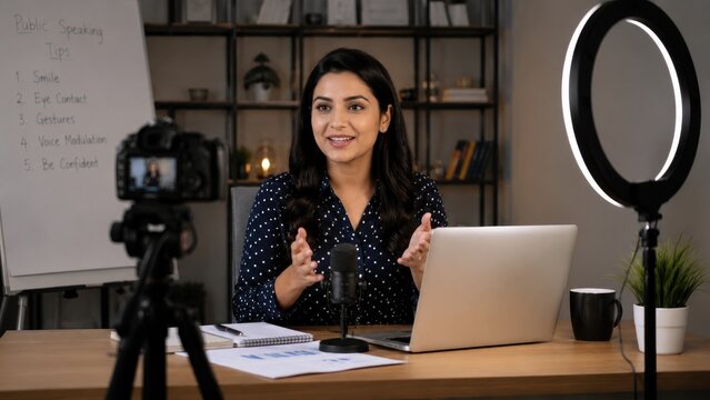 Smiling woman presenter records a tutorial in a home studio with laptop, microphone, camera on tripod, ring light, whiteboard and bookshelf background