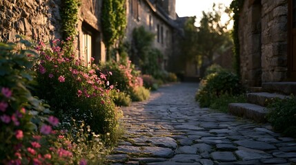 Obraz premium A serene old town alley features charming cobblestones under soft morning light accented by blooming wildflowers