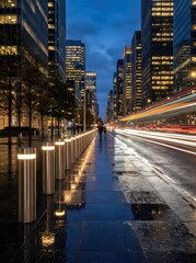 Obraz premium City street at dusk with light trails from moving traffic on wet road. Modern skyscrapers with illuminated windows in business district. Urban evening landscape long exposure scene.