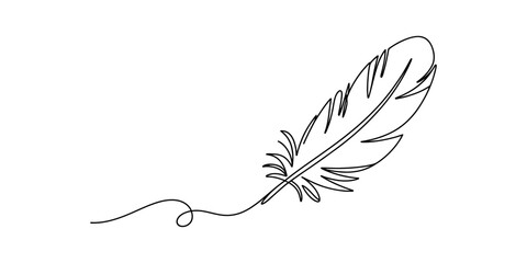 Minimalist feather icon, simple line art feather, black and white illustration, decorative element © SHANTO