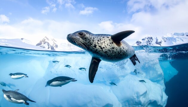 Leopard Seal Swimming Under Ice with Penguins