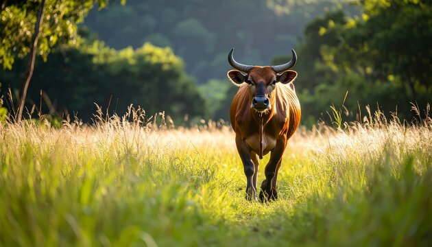 Banteng Striding Through Sunlit Grassland