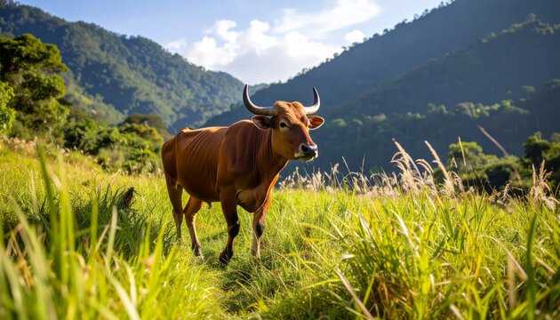 Banteng Walking Through Tropical Grassland