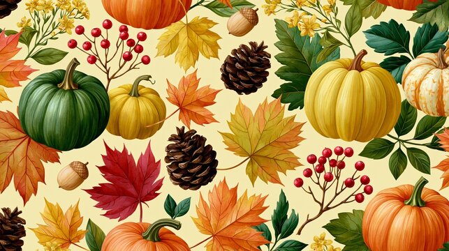 autumn watercolor pattern with pumpkins leaves and seasonal harvest elements