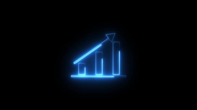 Neon blue rising bar chart icon with arrow showing financial growth on dark screen.