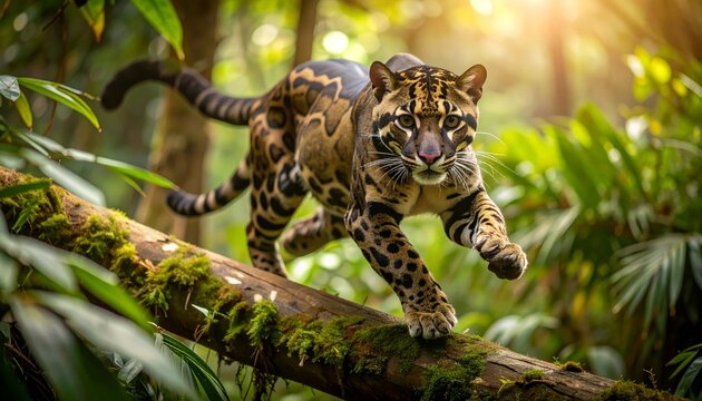 Clouded Leopard Leaping Along Mossy Jungle Log