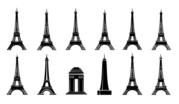 Paris Eiffel Tower and Arc de Triomphe Silhouette Vector Set Featuring French Architecture Icons for Travel Tourism and European Landmark Designs