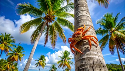 Coconut Crab Climbing Palm Tree in Tropical Sun © Zevania
