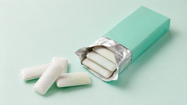 Mint chewing gum sticks in an open teal pack with silver foil wrapper on a pale mint background