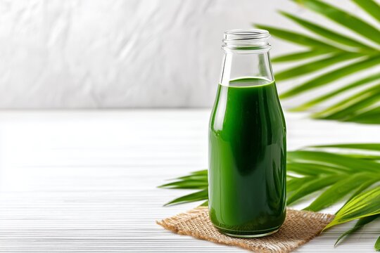 Green juice in a glass bottle isolated on white, healthy detox