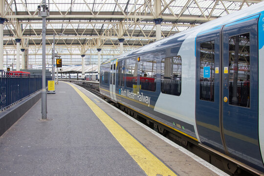 An SWR Class 450 train at Waterloo railway station in London, UK
