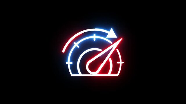 Neon glowing speedometer icon animation representing high speed performance metrics.