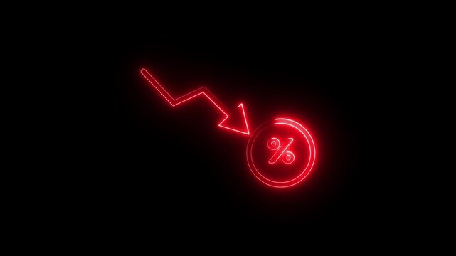 Red neon percentage sign with downward arrow indicator animation on black backdrop.
