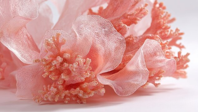 Delicate Soft Pink Coral Fragment Delicate Texture Macro Close-up Studio Shot Against a Clean White Background