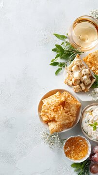 Crispy snack bowls background for banner design and food styling with crunch bites, creamy spreads and wine glass for casual party table